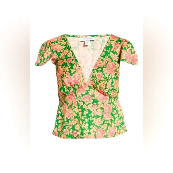 ❣️SOLD❣️ Floral V-Neck Green and Pink Top - Picture 6 of 10